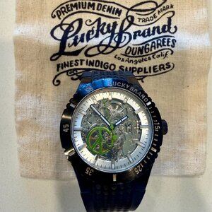 Lucky Brand Automatic Skeleton Watch, Black, Peace Signs, Rotating Bezel